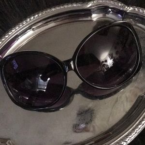 Black large square frame sunglasses purple fog lenses Mod